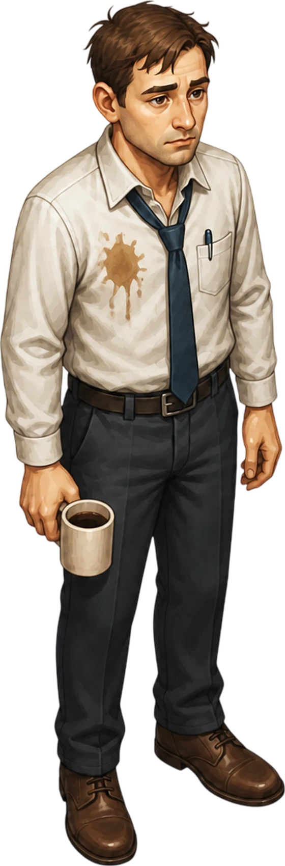 A tired office worker holding a coffee mug, with a coffee stain on his shirt